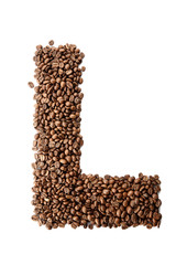 Coffee font alphabet concept isolated on white background. Top view Alphabet made of roasted coffee beans. Collection of brilliant font for your unique idea. Letter L