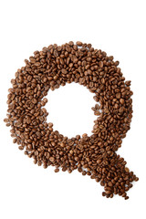 Coffee font alphabet concept isolated on white background. Top view Alphabet made of roasted coffee beans. Collection of brilliant font for your unique idea. Letter Q