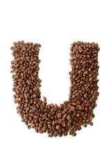 Letter U Coffee font alphabet concept isolated on white background. Top view Alphabet made of roasted coffee beans. Collection of brilliant font for your unique idea. 