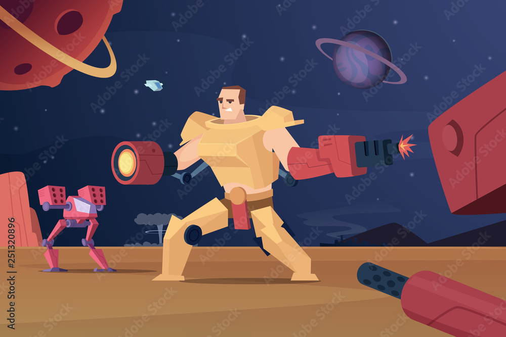 Poster future combat robots. cyber war futuristic soldiers on mars vector characters cartoon background. sp