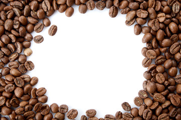 A frame from roasted coffee beans with empty copy space. Top view coffee isolated on white background