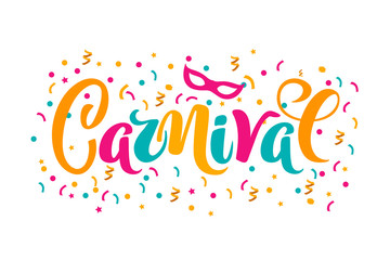 Vector hand drawn carnival text for carnaval party invitation, Brazil or Venetian event, Mardi Gras concept, festival or masquerade logo. Festive mood concept with carnaval mask, firework, confetti
