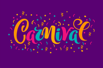 Vector hand drawn carnival text for carnaval party invitation, Brazil or Venetian event, Mardi Gras concept, festival or masquerade logo. Festive mood concept with carnaval mask, firework, confetti