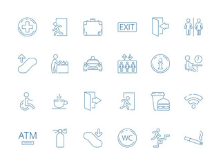 Navigate symbols. Public pictogram of restaurant place elevator washroom restroom toilet wifi vector icon collection. Navigate airport, luggage and swaddle, extinguisher and wc illustration