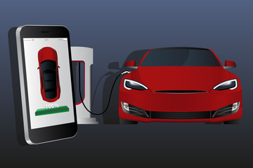 Mobile phone on a background of charging electric car. On a device screen indicator of power reserve. Vector illustration