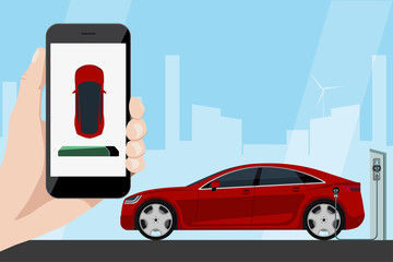 Hand with phone on a background of charging electric car. On a device screen indicator of power reserve. Vector illustration
