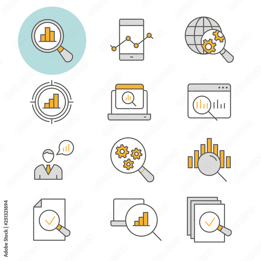 Wall mural data analysis flat line icon set. vector illustration. editable stroke.