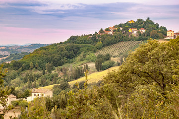 A view of Belvedere Fogliense, a little village on a hill, between Pesaro and Urbino in the...