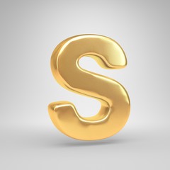 3D letter S uppercase. Shiny golden font isolated on white background