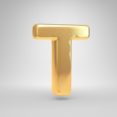 3D letter T uppercase. Shiny golden font isolated on white background