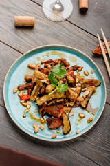 Chicken salad on wooden table