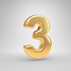3D number 3. Shiny golden font isolated on white background