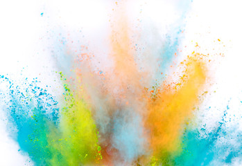 Colored powder explosion on white background. Freeze motion.