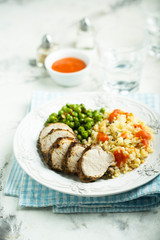 Pork with bulgur and green pea