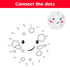 Dot to dot game, numbers game for children. Cute cartoon moon. Space theme. Vector illustration.