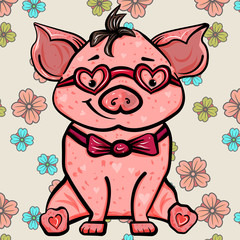 Pink pig with heart and glasses. The sweet feeling of love. Symbol of the new year 2019. Valentine's Day. Vector illustration. - Vector