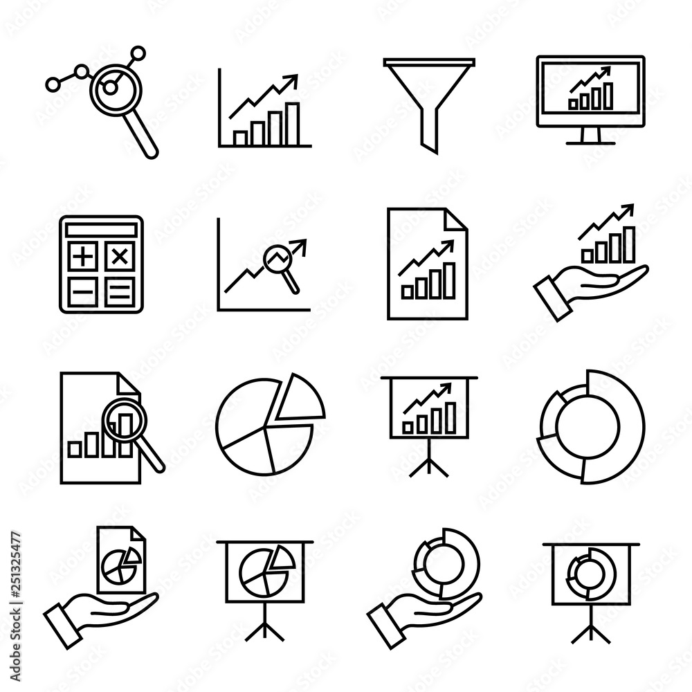 Poster charts and analytics line vector icons set
