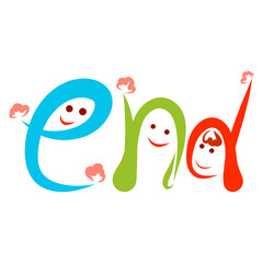 Three funny colorful letters waving their hands, the word End