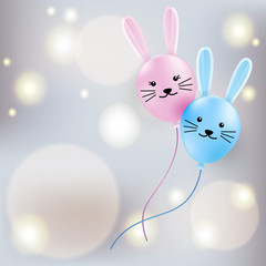 Cute flying bunny balloons on golden soft bokeh lights, Happy Easter banner, Vector Illustration