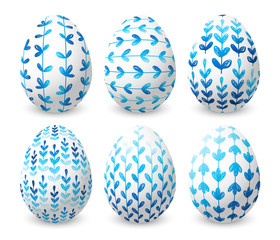 Set of Easter eggs with blue floral ornates