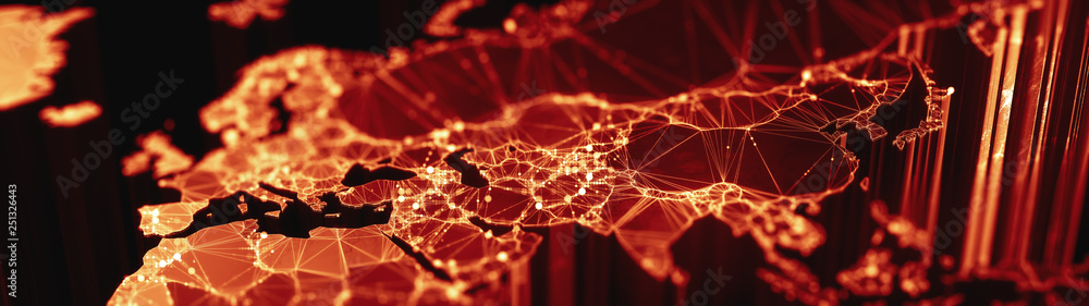 Poster digital mainlands from space. cities and countries connected by plexus light lines. virtual continen