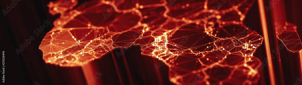 Poster digital mainlands from space. cities and countries connected by plexus light lines. virtual continen