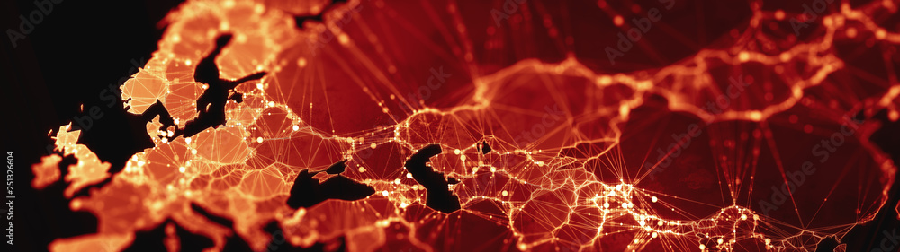 Poster digital mainlands from space. cities and countries connected by plexus light lines. virtual continen