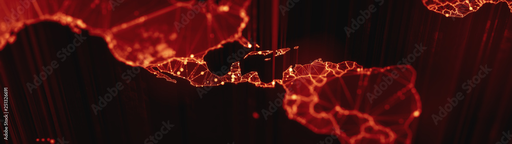 Poster digital mainlands from space. cities and countries connected by plexus light lines. virtual continen