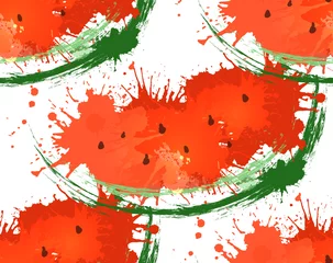 Tapeten Küche Nahtlose Textur mit Wassermelonenscheiben Aquarell spritzt auf weißem Hintergrund. Grunge-Muster