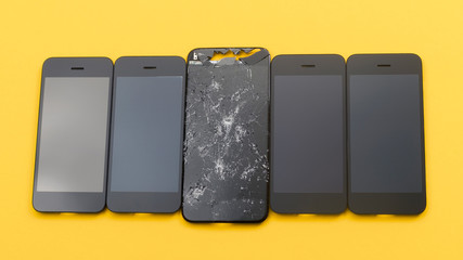 Broken screen is next to new screens from the phone on a yellow background