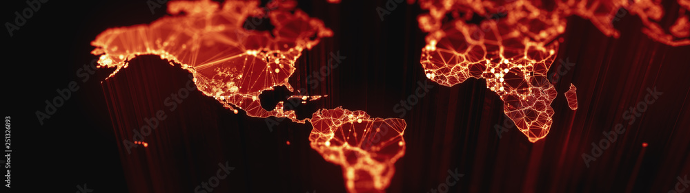 Poster digital mainlands from space. cities and countries connected by plexus light lines. virtual continen