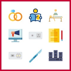 9 room icon. Vector illustration room set. wedding rings and sound system icons for room works