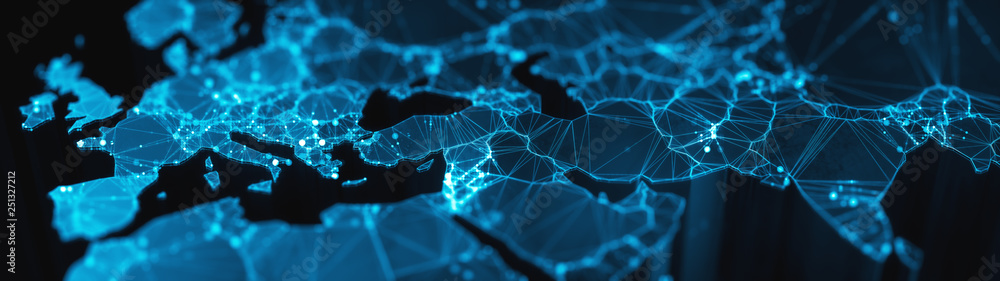 Poster digital mainlands from space. cities and countries connected by plexus light lines. virtual continen