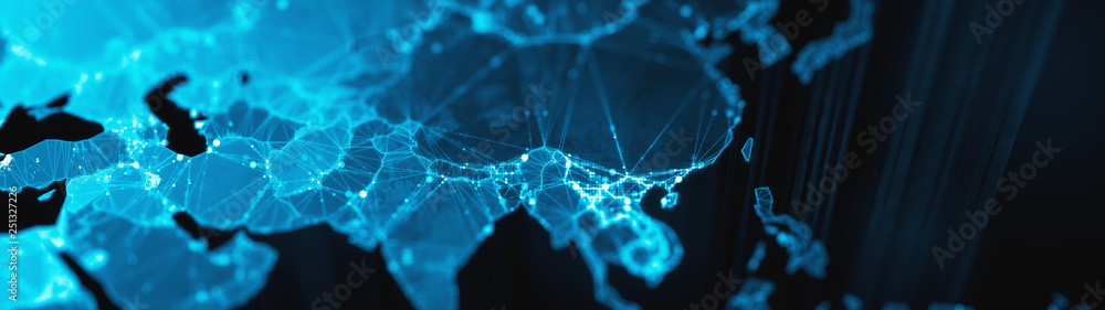 Poster digital mainlands from space. cities and countries connected by plexus light lines. virtual continen