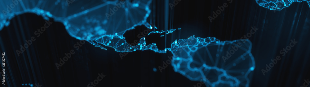 Poster digital mainlands from space. cities and countries connected by plexus light lines. virtual continen