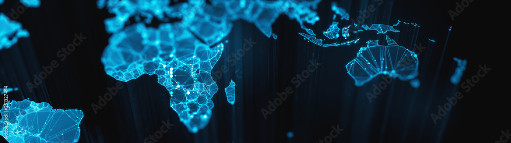 Poster digital mainlands from space. cities and countries connected by plexus light lines. virtual continen