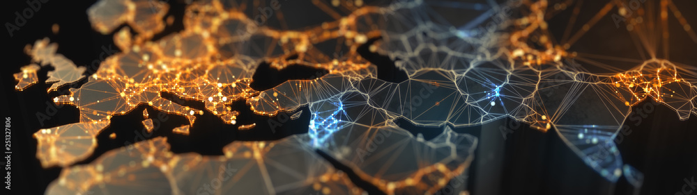 Poster digital mainlands from space. cities and countries connected by plexus light lines. virtual continen