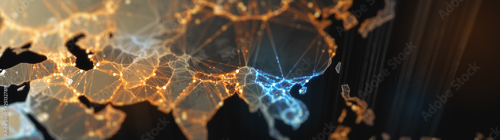 Poster digital mainlands from space. cities and countries connected by plexus light lines. virtual continen
