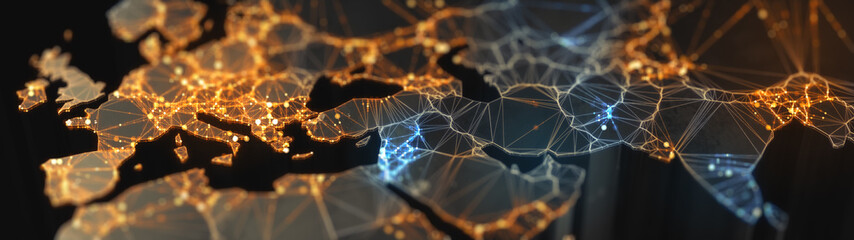 Digital mainlands from space. Cities and countries connected by plexus light lines. Virtual continents. Creative technology, ultra wide background. Concept of transfering information. 3d rendering - obrazy, fototapety, plakaty
