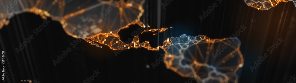 Poster digital mainlands from space. cities and countries connected by plexus light lines. virtual continen
