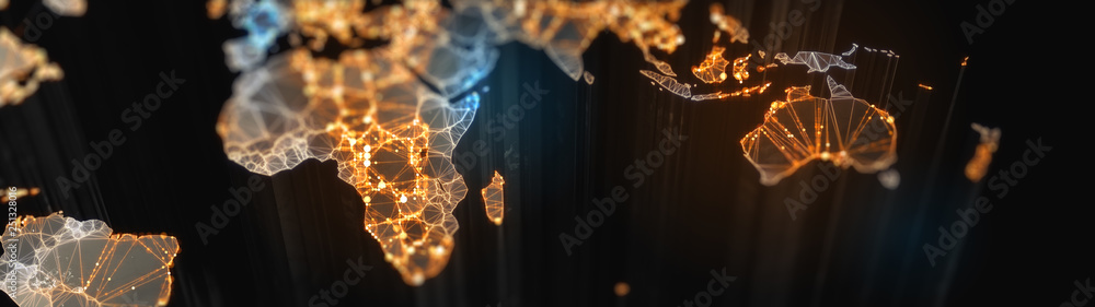 Poster digital mainlands from space. cities and countries connected by plexus light lines. virtual continen