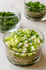 Chopped Chives, Parsley and Dill in Glass Bowls.
