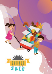 Garage Sale, Boy and girl bought toys at spring sale, children carry cart with boxes used toy, kids sell old used toys, second hand plaything vector illustration