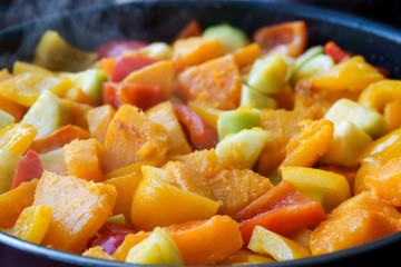 тыква, перец, кабачок тушаться на сковородке pumpkin, pepper, zucchini stew in a frying pan