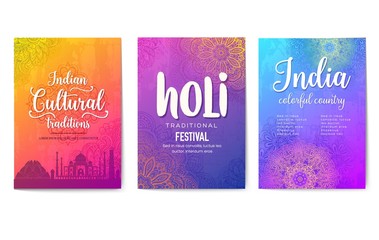 invitation design for the festive festival. Best colorful brochures with Indian ornament. Flyers with sights and animals of the country for printing. Traditional decorative ethnic greeting