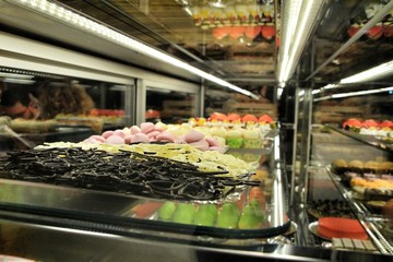 Tray of cakes and sweets in a pastry shop