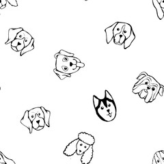 Seamless pattern with Dog breeds. Bulldog, Husky, Alaskan Malamute, Retriever, Doberman, Poodle, Pug, Shar Pei, Dalmatian
