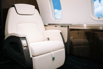 Business jet aircraft interior with comfortable leather seats