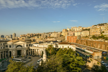 Naklejka premium Aerial view of Genoa Piazza Principe railway station in Piazza Acquaverde square; its construction began in 1853 and was completed and inaugurated in 1860, Genoa, Liguria, Italy
