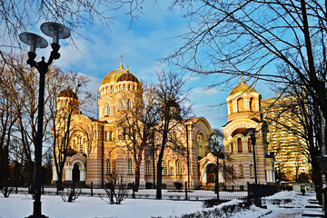 Nativity Cathedral in Riga, Latvia. Orthodox Cathedral in winter.